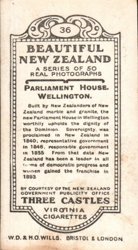 Cigarette Card WD & HO Wills New Zealand # 36 Parliament Buildings - Imagen 2 de 2