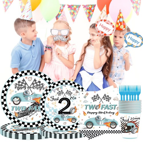 120PCS Two Fast Birthday Party Supplies Blue Race Car Party Plates Napkins Tw... - Picture 4 of 6