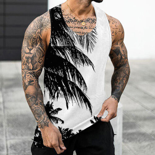 Hombres Playa Camisetas sin Mangas Verano Tropical Palma Chaleco Informal Hawaiano Camiseta - Imagen 1 de 9