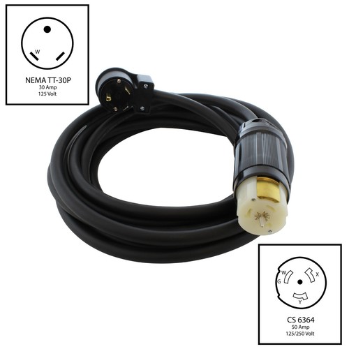 100ft Temporary Power RV 30A TT-30P Plug to CS6364 50A Female Rubber Cord - Picture 2 of 8