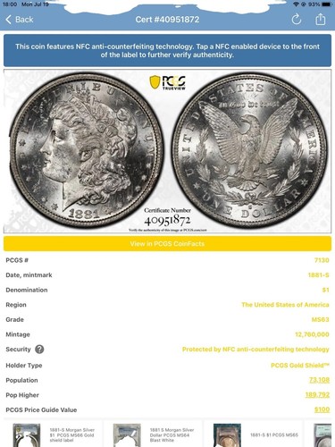 1881 S PCGS MS 63 40951872 Morgan Silver Dollar Gold Shield Bright White - Picture 2 of 9