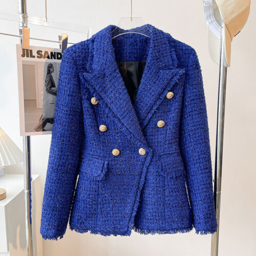 Slim Fit Elegant Jacket Tweed Double Breasted Dark Blue Blazer with Gold Buttons - Picture 1 of 4