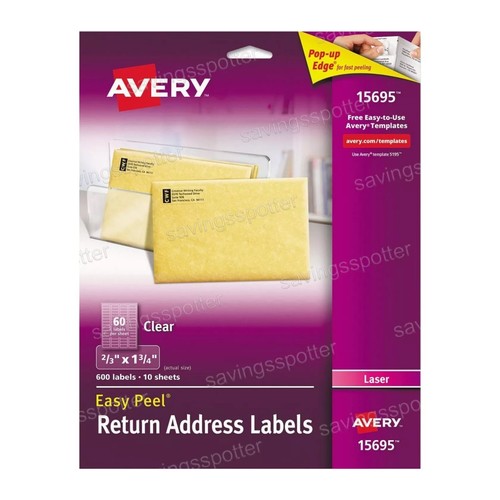 Avery 55695 permanent return address labels clear laser 2/3 x 1 3/4 600 (15695) - Picture 1 of 9