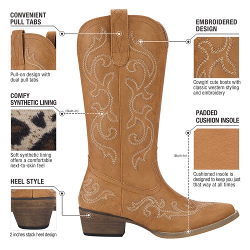 Rollda Women Rodeo Western Cowgirl Boots Snip Toe Pull On Party Dress Tall Boots - Picture 59 of 100