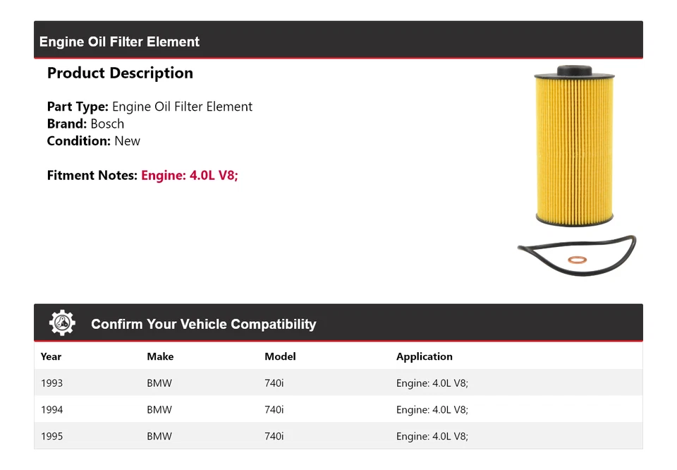 Элемент масляного фильтра двигателя Bosch 1994 для 1993-1995 BMW 740i 4,0 л V8 - Изображение 2 из 3