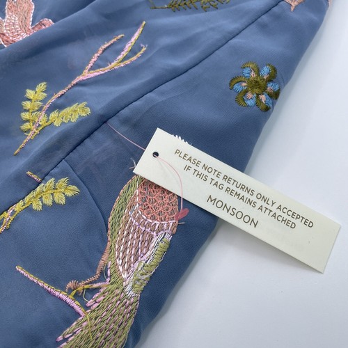 Monsoon Dani Embroidered Midi Dress, Bird and Floral Pattern, Size UK 10, Blue - Picture 16 of 20