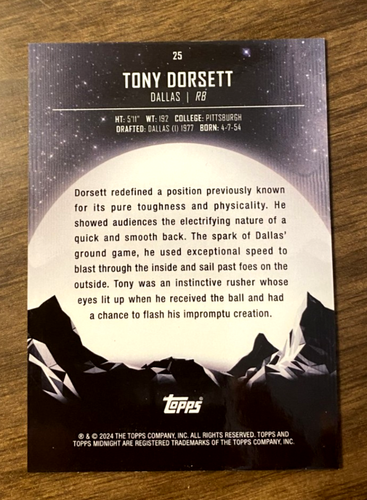 2024 Topps Midnight Dusk TONY DORSETT #'d /75 SP #25 DALLAS COWBOYS - HOF - Picture 2 of 2