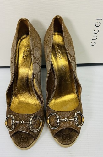 Gucci GG Brown -Bronze Monogram Canvas Wedge Shoes Size 37 - Picture 9 of 12