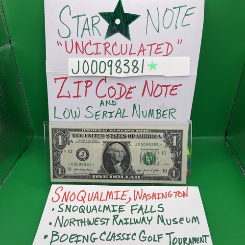 STAR ⭐️SCHEIN Zip 🤐Code Note, LOW Serial Number J 00098381⭐️ "UNC" 💎GEM Dollar $