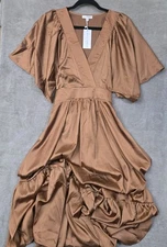 Baltic Born Sicily Satin Maxi Dress Womens XL Brown Holiday Tie Waist Copper