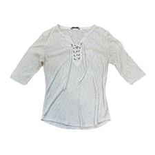Women's Beige Knit Cotton Lace Up V-Neck 3/4 Sleeve Top Casual