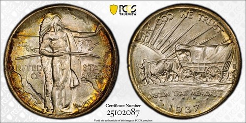 1937-D Oregon Commemorative Half Dollar 50C PCGS MS67 Nice Toned #2087 - Picture 1 of 5