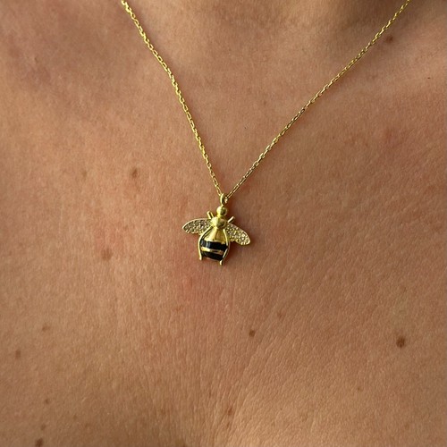 14k Gold Lab-Created Diamond Honey Bee Pendant Necklace for Women Her Jewelry - Picture 4 of 4