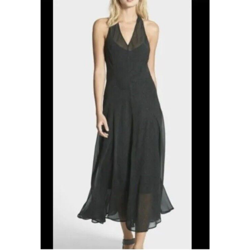 Eileen Fisher Silk Midi Shift Dress Size XS Graphite Grey & Green Chiffon Halter - Picture 1 of 15
