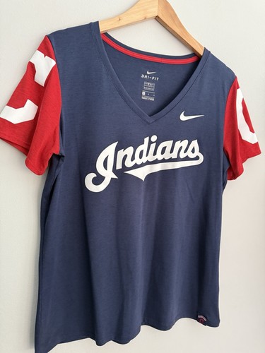 Nike DRI-Fit Cleveland Indians V-Neck T-Shirt In Blue Women’s Sz L MLB Tee Shirt