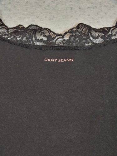 Y2K DKNY Jeans Babydoll Shirt schwarz Spitzenbesatz Damen XL dunkel romantisch - Bild 4 von 10