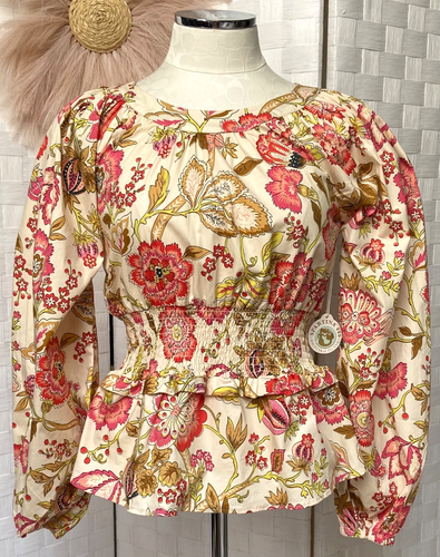 NWT Spartina 449 June Peplum Blouse Callawassie Jacobean Floral Cotton Blouse S - Picture 5 of 20