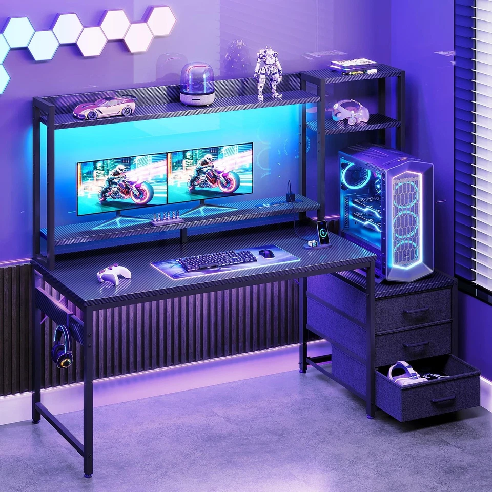 Wendbarer Computer Gamer Tisch Gaming Schreibtisch mit Monitorständer & LED-Leuchten, schwarz
