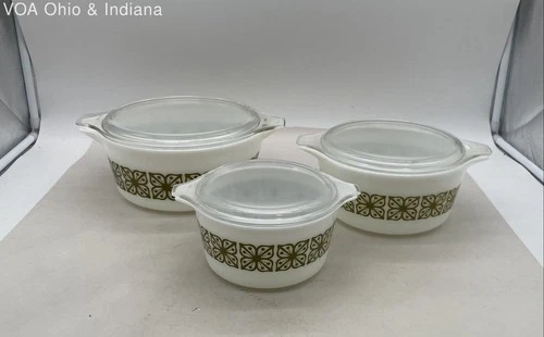 Vintage Pyrex Spring Blossom Green 3 Pc Round Casserole Set Lids 473 475