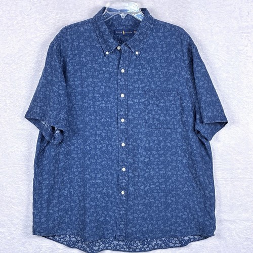 Ralph Lauren Mens XXL Blue Linen Hawaiian Flamingo Palms AOP Preppy Camp Shirt - Picture 2 of 8
