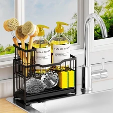 2-Tier Rustproof Kitchen Sink Caddy with -Draining Tray, Dish Brush & Sponge ...