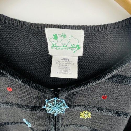 Vintage The Quacker Factory Sweater Size L Zip Beaded Embroidered Snowman Black - Picture 4 of 16