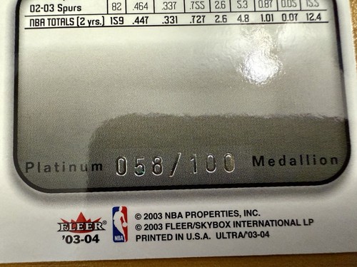 2003-04 Fleer Ultra Tony Parker #101 Platinum Medallion Variant /100 RARE Spurs! - Picture 7 of 7