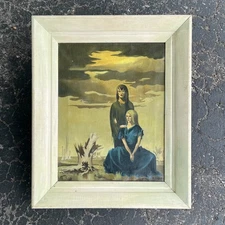 Weird Surrealistic Signed Painting 1950s Vintage Witchy Women Hellscape In Frame