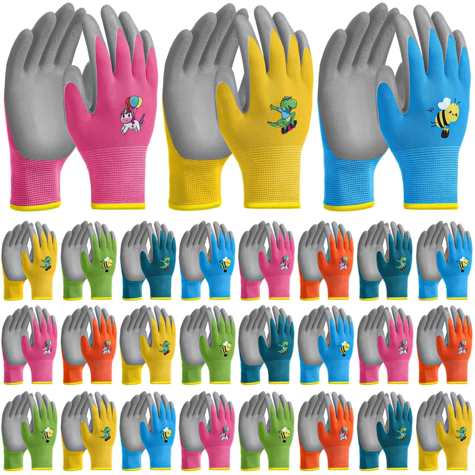 24 Pairs Kids Gardening Gloves - Grippy Rubber Coated Yard Work Gloves