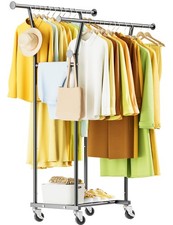 Double Rods Clothes Rack, Rolling Clothing Rack with Wheels, Metal Clothing R...