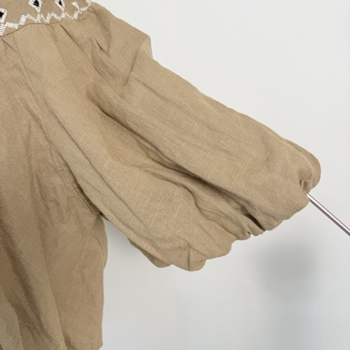 Free People Joni Bubble Hem Cropped Embroidered Top Size M Tan Linen Viscose - Picture 3 of 11