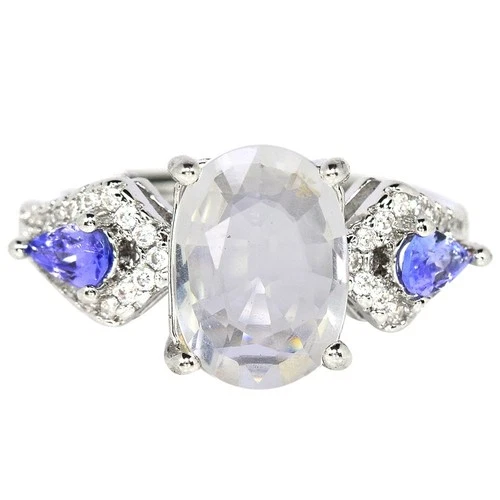 NATURAL AAA WHITE MOONSTONE, TANZANITE & WHITE CZ STERLING 925 SILVER RING 7.75