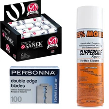 Barber Essentials Combo | Sanek Neck Strips + Razor Blades + Free 5-in-1 Spray
