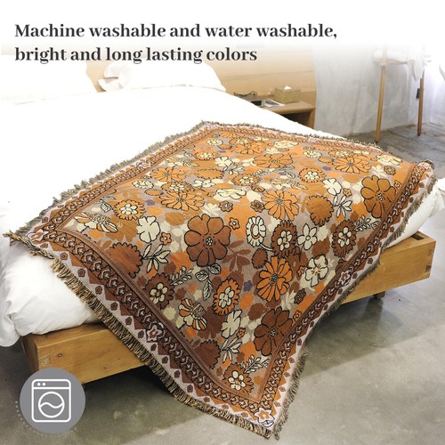 Boho Woven Reversible Floral Tapestry Neutral Patterned Soft Outdoor Throw Bl... - Picture 3 of 7