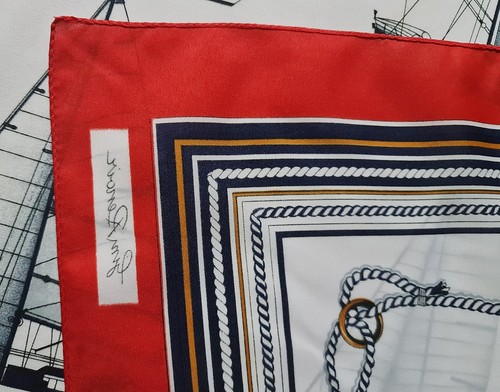 BUFANDA VINTAGE AUTÉNTICA GIM RENOIR ARTE NÁUTICO VELERO ROJO AZUL 34" CUADRADO - Imagen 4 de 5