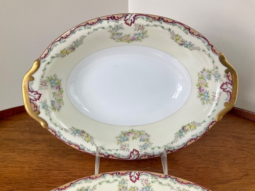 Vtg Meito China Serving Bowls ~Set of 2 ~Dark Red Rim, Gold Trim & Florals - Picture 2 of 9