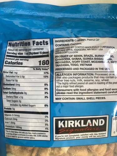 Kirkland Fancy Whole Unsalted Cashews Premium Nuts 2.5 lb Pantry Bag XL Costco - Picture 4 of 5