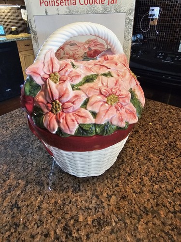 Christmas Poinsettia Wicker Basket Look 1999 Allure New In Box Vntg Cookie Jar  - Picture 9 of 11
