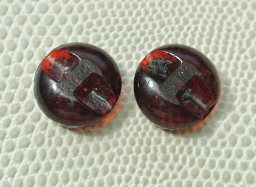 Pair Antique Ruby Red Glass Button - Central Flower Design - Rare - Picture 3 of 3