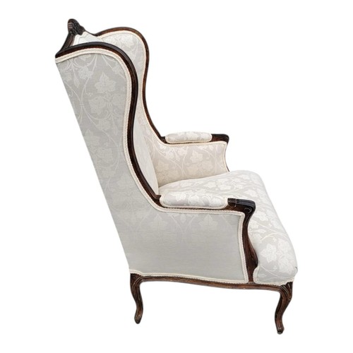 Oversized Country French Wingback Armchair Carved Wood Cream Damask Upholstery - Picture 6 of 13