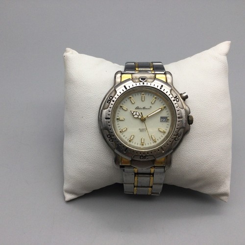 Vtg Eddie Bauer Watch Men 38mm Silver Gold Tone Date Backlight New Battery 7.75" - Picture 2 of 15