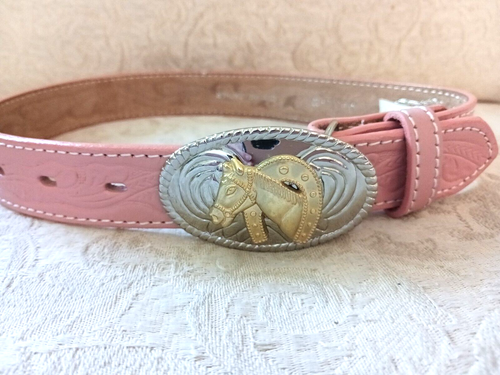 Nocona Size 22 Pink Tooled Leather Belt Western Rodeo Style Brass Silver Horse B - Picture 3 of 13