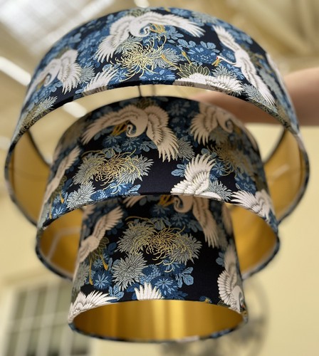 Oriental Crane Ceiling Pendant 3 Tier Cascade Lamp shade Brushed Gold Lining - Picture 1 of 12