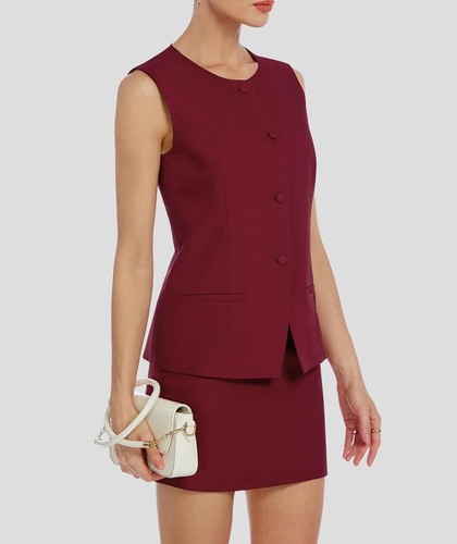 Women Round-Neck Single-Breasted Vest Skirt Suit Office Chic 2 Piece Set Outfit - Picture 54 of 57