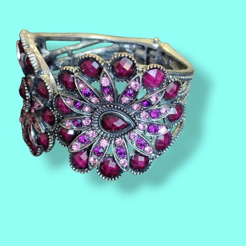 Purple And Pink Mauve Statement Clamper Bracelet Gunmetal 7.5in - Picture 3 of 8