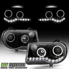 Black 2005-2010 Chrysler 300C LED Halo Projector Headlights Headlamps Left+Right