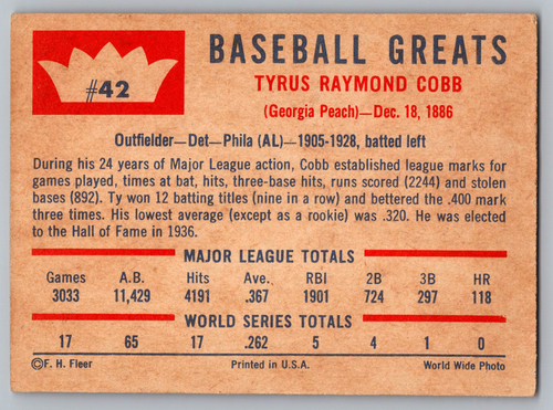 1960 FLEER #42 TY COBB TIGERS - Picture 2 of 3