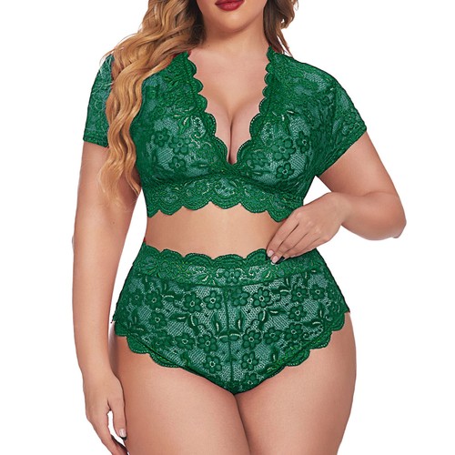 Lencería sexy talla grande cuello en V cintura alta floral encaje cruzado y pantillas - Imagen 31 de 42