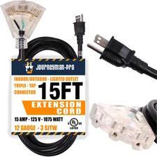 15 Foot Black Indoor Outdoor Extension Cord 3-Outlet 15ft feet 15' Short Power