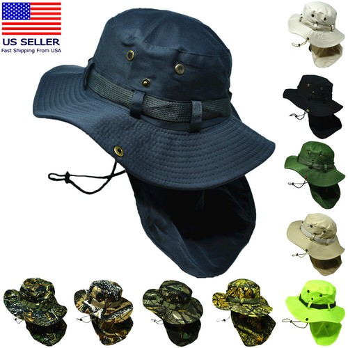 Mens Womens Summer Bucket Boonie Hat Neck Cover Flap Sun Wide Brim Outdoor Cap - Picture 1 of 43